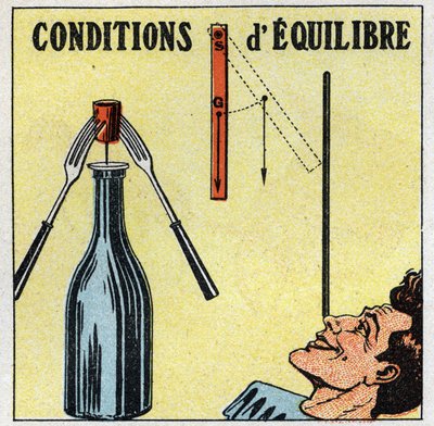 Balance of Solids: Equilibrium Conditions. Experience with a Bottle, a Stopper and Two Forks. Anonymous Illustration from 1925. Private Collection by Anonymous Anonymous
