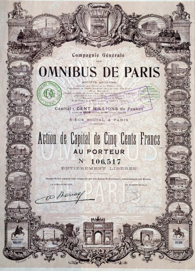 Capital share of 500 Francs in the Paris omnibus, 20th century by Anonymous Anonymous