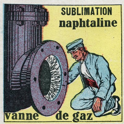 Changes in states: sublimation. Naphthaline depot clogging a gas valve. Anonymous illustration from 1925. Private collection. by Anonymous Anonymous