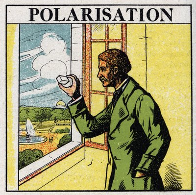 Double refraction: Etienne Louis Malus (1775-1812) observes through a spath the light of the setting sun reflected by the glass windows of Luxembourg in 1808. Anonymous illustration from 1925. Private collection. by Anonymous Anonymous