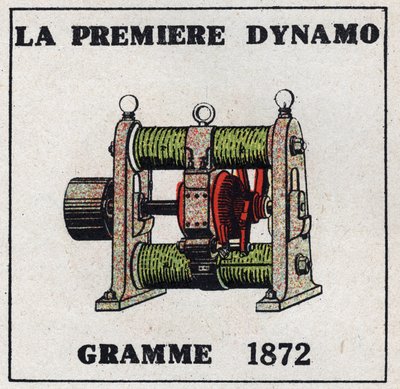 Dynamo: the first dynamo invented by Zenobe Theophile Gram in 1872. Anonymous illustration from 1925. Private collection. by Anonymous Anonymous