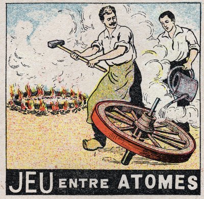 Ether (material): play between atoms. Charrons making a wheel. Anonymous illustration from 1925. Private collection. by Anonymous Anonymous