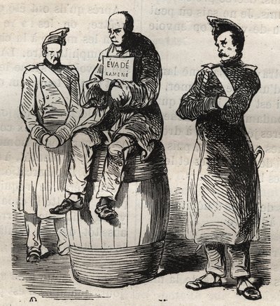 Exhibition of a forced evade at the Toulon bagne in the 19th century. Engraving in 