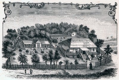 Exterior view of the rectory and school of Hell Ville (Andoany), capital of the island of Nosy Be in Madagascar. Engraving in 
