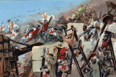 First crusade (1096-1099): the capture of Jerusalem by the crusaders led by Godefroy of Bouillon on 15 July 1099. Advertising chromolithography of Antoine chocolates in Brussels, beginning of the 20th century. Private Collection by Anonymous Anonymous
