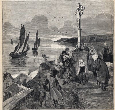 Fishing in Iceland: the fishermen leave Brittany. Engraving in 