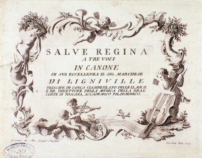 Frontispiece of a musical score of Salve regina hymn for three voices by marquis of Ligneville (1768) by Anonymous Anonymous