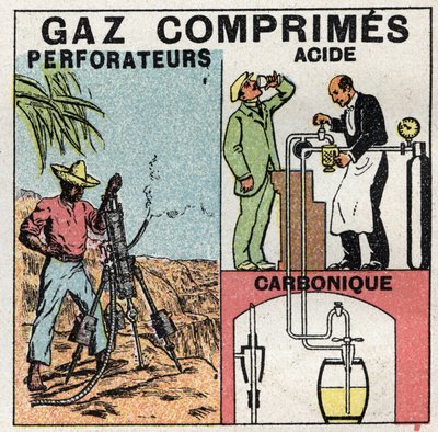 Gas pressure: gas pans used for compressed air drills and in the manufacture of beer. Anonymous illustration from 1925. Private collection. by Anonymous Anonymous