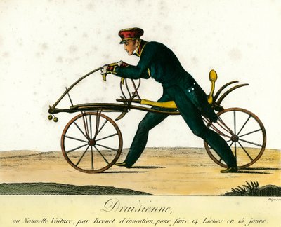 History of the Bicycle: The Draisienne, a very popular new car around 1818. Engraving from 1818. Private collection by Anonymous Anonymous
