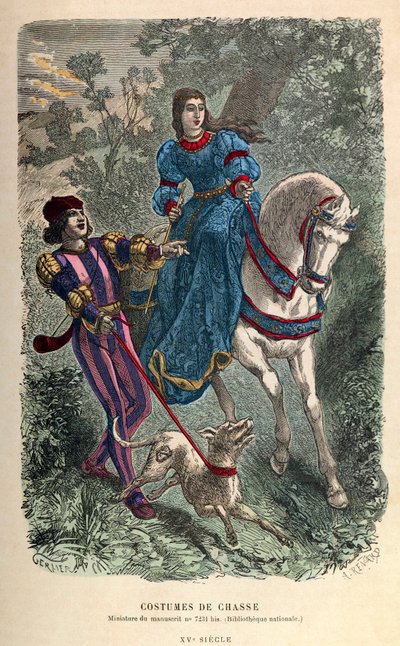 Hunting costumes in the 15th century: young riding woman with her squire by Anonymous Anonymous
