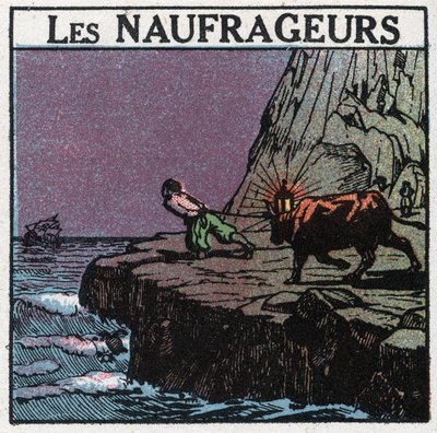Light signals: the shipwrecks. A man hangs a lantern between the horns of a cow and walks along the coast to make the boats believe that they are still far from the rocks and thus provoke their sinking to recover the wreck. Anonymous illustration from 1925 by Anonymous Anonymous