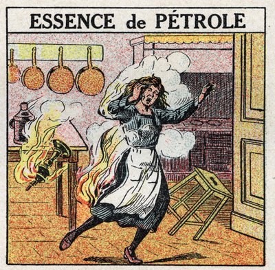Light sources: a woman caught fire while manipulating a lamp using oil petrol. Anonymous illustration from 1925. Private collection. by Anonymous Anonymous