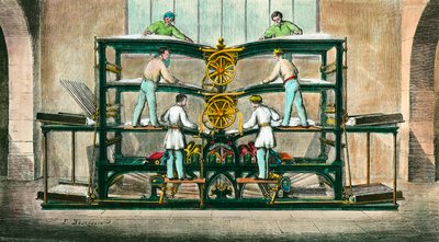Machine for printing the small newspaper invented by Hippolyte-Auguste Marinoni. He invented a rotary press in 1866. Engraving from 1868 by Anonymous Anonymous