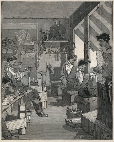 Manufacture of combs in a workshop in France in the 19th century. Engraving from 1885 in 
