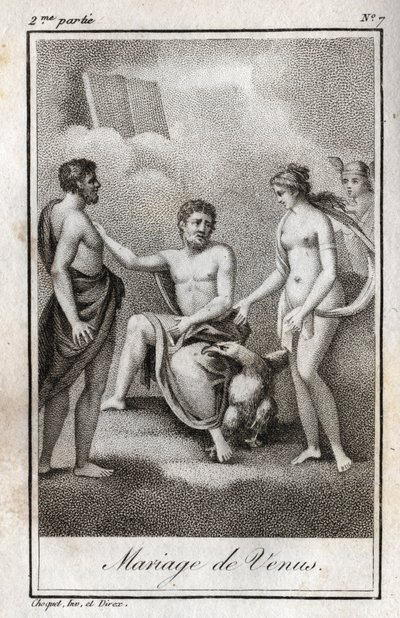Marriage between Mars and Venus. Engraving from 1819 in 