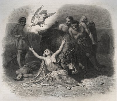 Martyrdom of Saint Blandine of Lyon and Ponticus in the Arena in 177. Engraving from 1846 in 