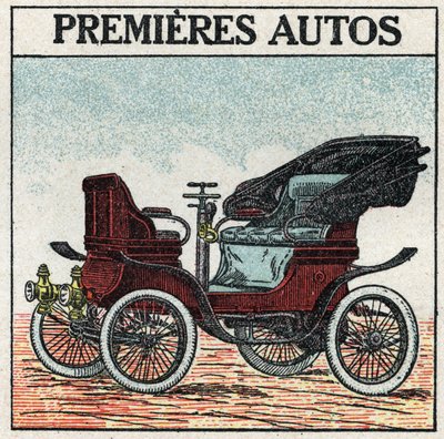 Mechanical traction: the first petrol cars invented in 1895 by Panhard and Levassor. Anonymous illustration from 1925. Private collection. by Anonymous Anonymous