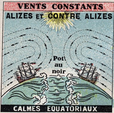 Meteorology: constant winds. Alizes, against alizes, zones of calm equatorial (pot in black). Anonymous illustration from 1925. Private collection. by Anonymous Anonymous