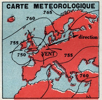 Meteorology: meteorological map. Anonymous illustration of 1925. Private collection. by Anonymous Anonymous