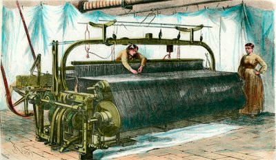 Metier for mechanical weaving in a large factory. Engraving around 1860 by Anonymous Anonymous