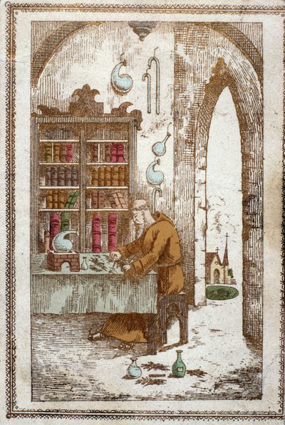 Monk Preparing Plants for Distillation. 19th Century Engraving by Anonymous Anonymous