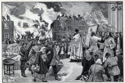 Moscow, fire in the suburb of Kaluga: the Orthodox clergy presenting the Holy Images to protect the city and firefighters fighting the fire. Engraving in 