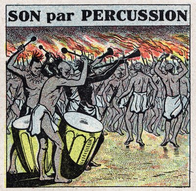Musical instruments: percussion players in an African village. Anonymous illustration from 1925. Private collection. by Anonymous Anonymous