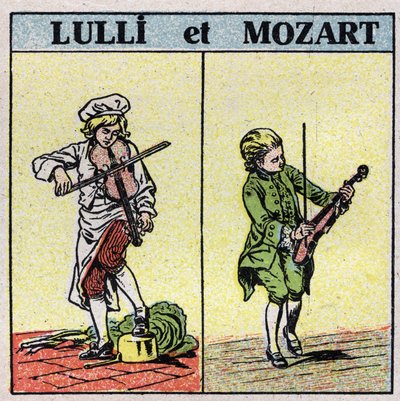Musical instruments: rubbed string instruments. Jean Baptiste Lully (1632-1687) and Wolfgang Amadeus Mozart (1756-1791) playing the violin. Anonymous illustration from 1925. Private collection. by Anonymous Anonymous