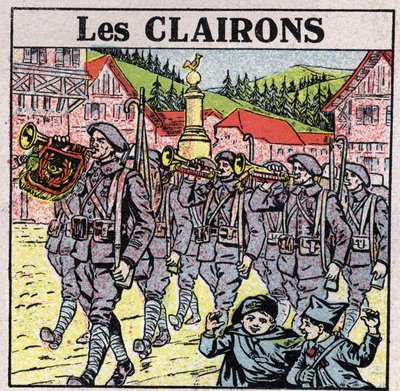Musical Instruments: Wind Instruments with a Jar Mouth. Bugle Players During a Military Run. Anonymous Illustration from 1925. Private Collection by Anonymous Anonymous