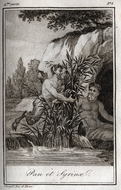 Pan and the nymph Syrinx transformed into reeds. Engraving from 1819 in 
