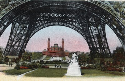 Paris: the Palais du Trocadero seen under the Eiffel Tower. Photograph of 1920 in Artistic Album of the city of Paris. Private collection. by Anonymous Anonymous