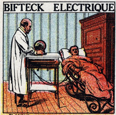 Physiological effects of electricity: electric steak. Care of a patient by passing electricity through his body using bare metal electrodes. Anonymous illustration from 1925. Private collection. by Anonymous Anonymous