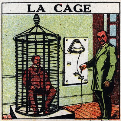Physiological effects of electricity: the cage. Care of a patient by passing electricity around him without touching him, also called 