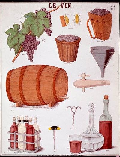 Plate Illustrated on the Art of Making Wine and on Oenology: Grape, Funnel, Cinnamon, Basket and Extractor, Piece of Wine, Corkscrews, Bottle, Carafe, Drill and Wine Case by Anonymous Anonymous