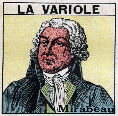 Portrait of Honore Gabriel Riqueti, Count of Mirabeau (1749-1791) with the face of figure by smallpox. To avoid scars caused by smallpox, patients should be treated in rooms or enter only red light, free of ultraviolet rays. Anonymous illustration from 192 by Anonymous Anonymous