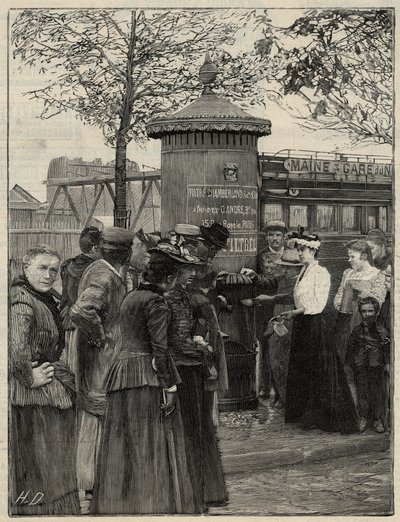 Public hygiene: inhabitants of Paris using one of the filtered water fountains installed in the 15th arrondissement. These fountains have a Chamberland Pasteur system filter. Engraving in Le monde illustree of 1892. Private collection by Anonymous Anonymous