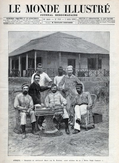 Reception of Lieutenant Mizon by Frederick Bedford (1838-1913), general agent of the Royal Niger Company. The French explorer Louis Alexandre Antoine Mizon (1853-1899) during his trip to West Africa. Engraving in Le monde illustree of 1892 by Anonymous Anonymous