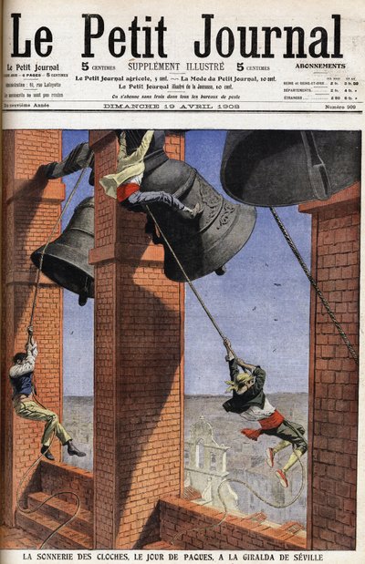 Religious Custom in Andalusia: The Bell Rings on Easter Day at the Giralda of Seville in Spain. Engraving in the Headline of the Petition Journal by Anonymous Anonymous