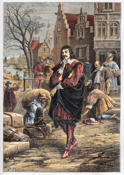 Rene Descartes (1596-1650), French philosopher and mathematician walking through the streets of Amsterdam - Descartes in Amsterdam - engraving from L