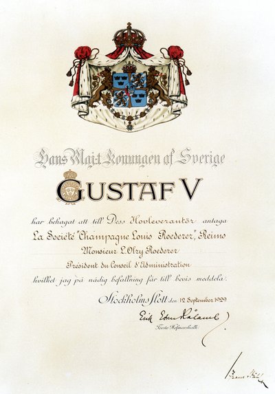 Royal patent awarded to Louis Roederer House by the King of Sweden in 1929 by Anonymous Anonymous