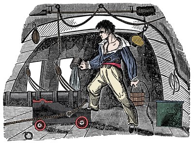 Sabotage: A Sailor Throwing Water on Gunpowder. Engraving from Charles Ellms 