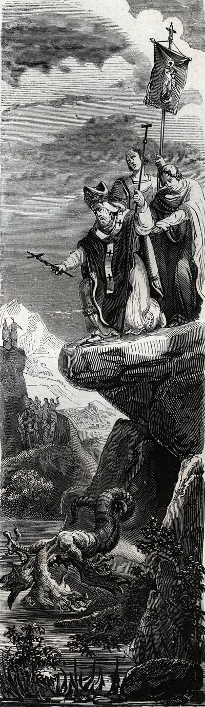 Saint Front (first evangelizer of the Perigord) precipitating the dragon in the Dordogne - Engraving of 1846 in 