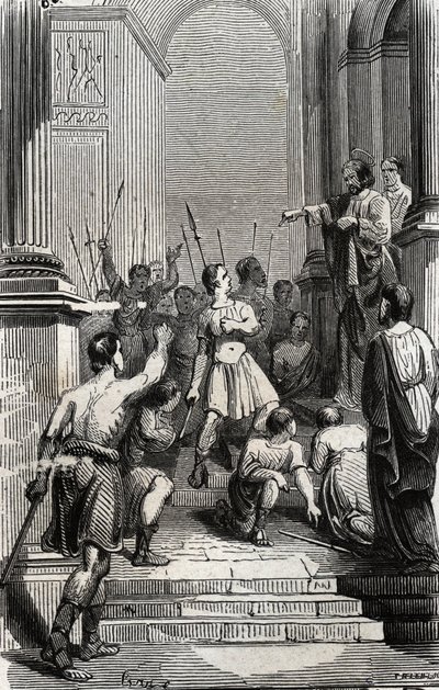 Saturnin of Toulouse (Saint Sernin, first Christian bishop of Toulouse) halted at the capitol of Toulouse - Engraving of 1846 in 