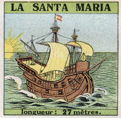 Ships: Santa Maria, caravel of Christopher Columbus (1451-1506) when he discovered America in 1492. Anonymous illustration from 1925. Private collection. by Anonymous Anonymous