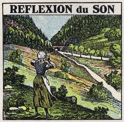 Sound energy: reflection of sound by echo phenomenon. Anonymous illustration from 1925. Private collection. by Anonymous Anonymous