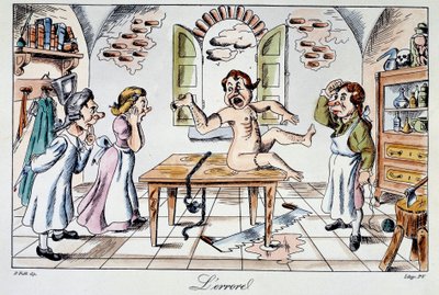 Surgical error: a satirical sticker representing the risks incurred by patients who are delivered to the hands of bad doctors, an example of an arm transplant instead of the leg. Engraving of the 19th century by Anonymous Anonymous