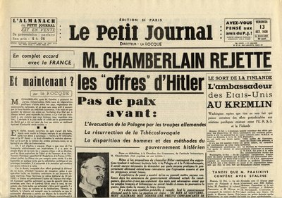 The Smittle Journal Friday 13 October 1939 Neville Chamberlain (1869-1940) rejects the offers of Adolf Hitler by Anonymous Anonymous