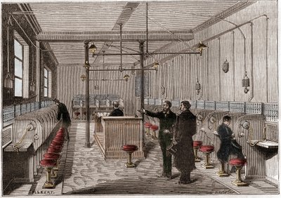 Telephone exchange built according to the Edison Gower-Bell system of telecommunication - first central telephone in Paris in 1879 - system by the American Frederick Gower - engraving in 