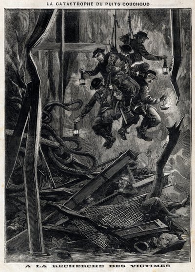 The Couchoud well disaster: rescuers go to search for victims in one of the mines of the Peronniere at Grand Croix near Saint Etienne. Engraving from 