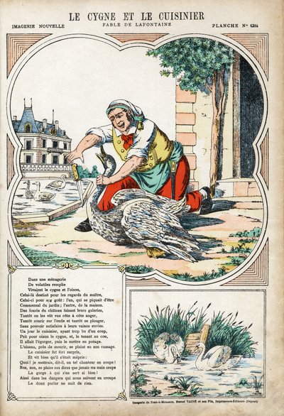 The Swan and the Cook. Anonymous illustration for Les Fables by Jean de La Fontaine (1621-1695). Imaging of Pont-a-Mousson, circa 1880. Private collection. by Anonymous Anonymous